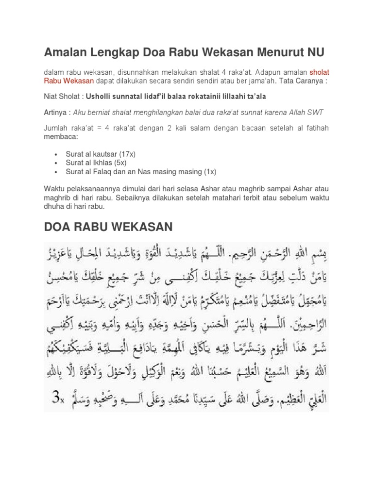 Amalan Lengkap Doa Rabu Wekasan Menurut Nu