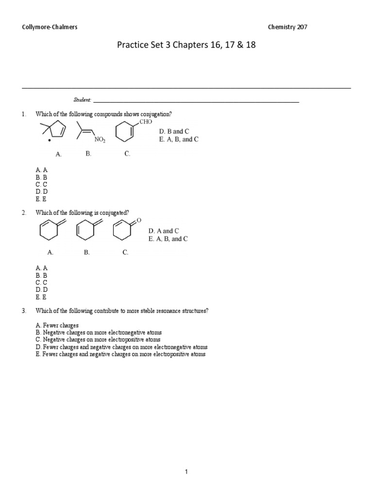 Practice Set 3 Chapters 16, 17 & 18 CollymoreChalmers Chemistry 207