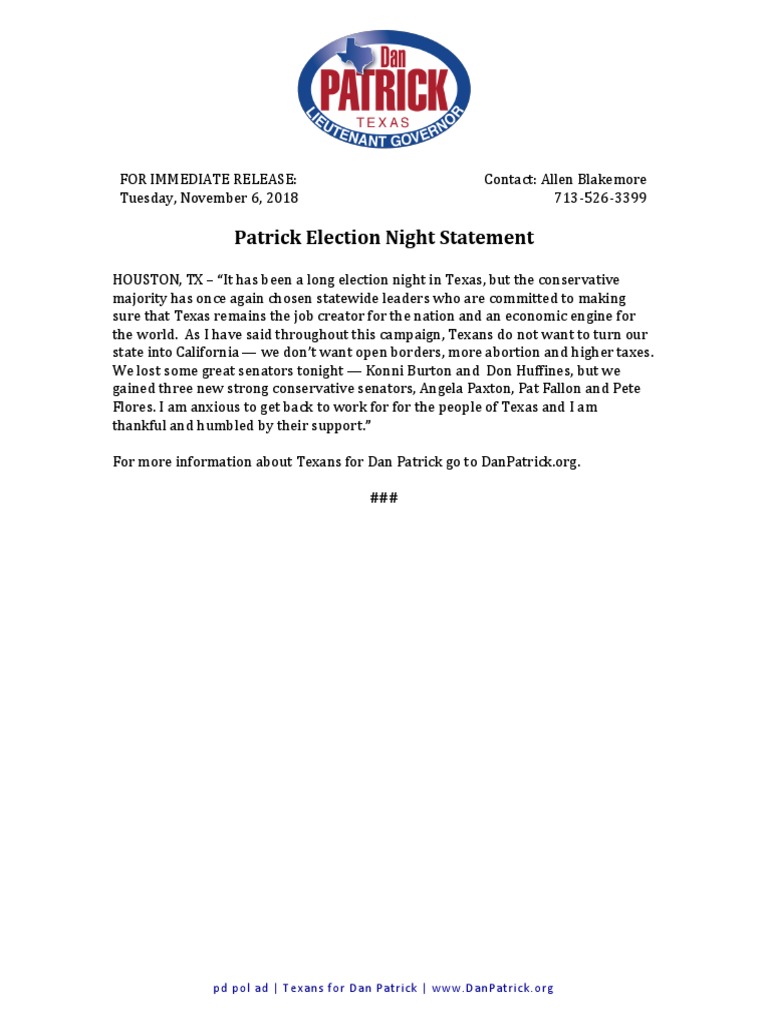 Dan Patrick Election Night Statement 2018 | PDF