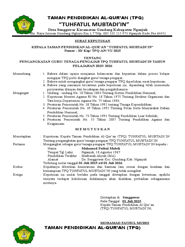 Contoh Sk Guru Ngaji Ilmu Pelajaran