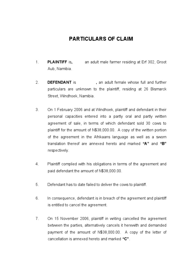 29 Example Particulars Of Claim Cancellation Pdf