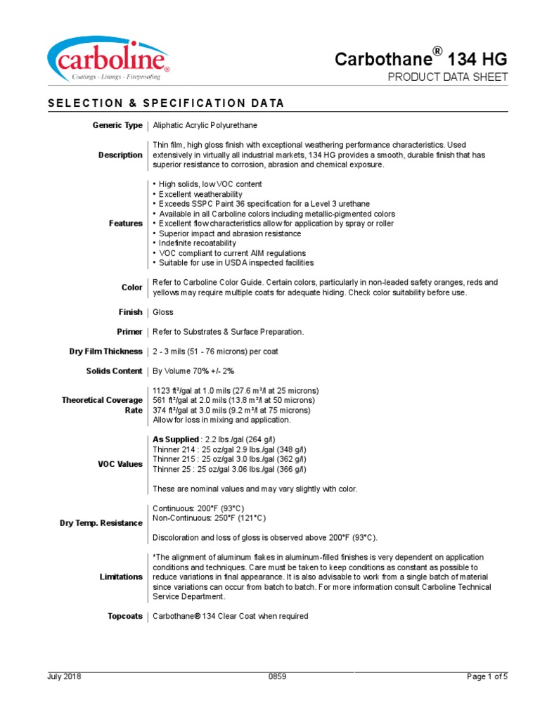 Carbothane 134 HG PDS | Paint | Chemistry
