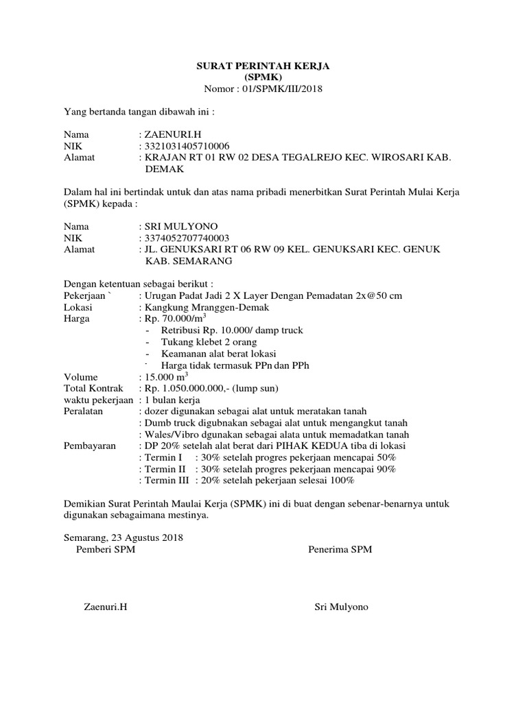 Contoh Surat Perintah Kerja Spk Yang Baik Dan Benar Contoh Surat
