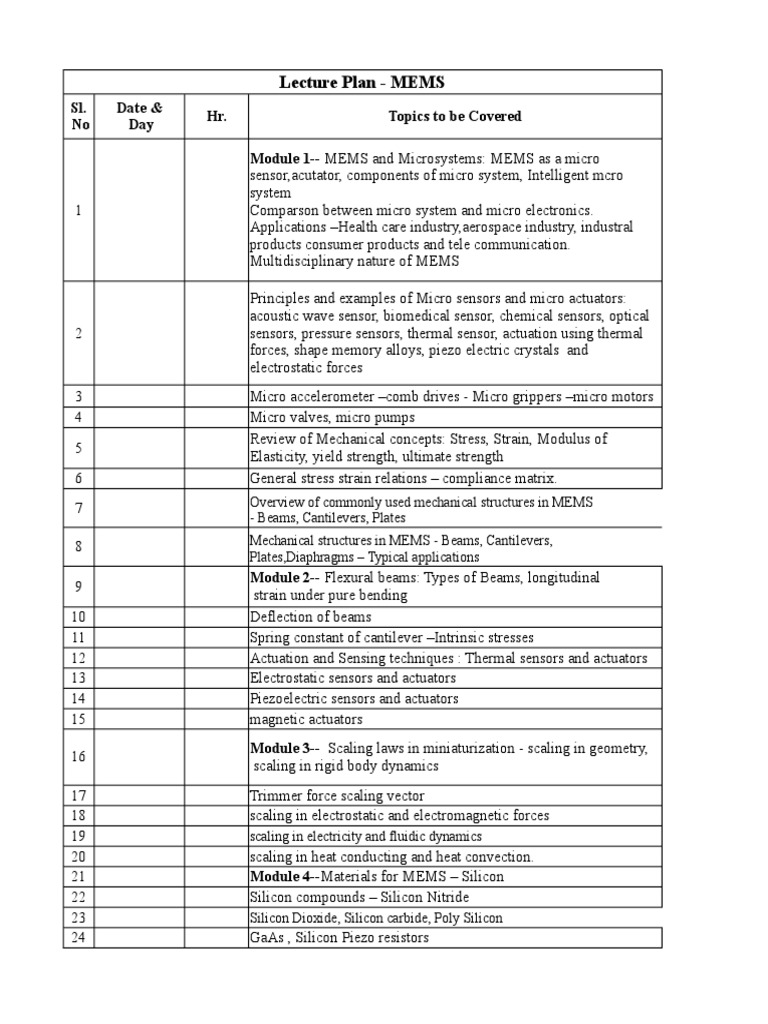 Mems Lecture Plan | PDF | Microelectromechanical Systems | Actuator