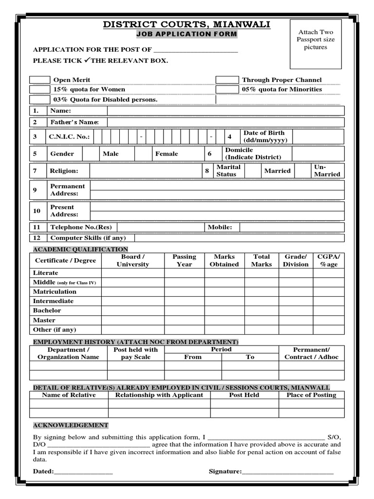 Mianwali Job Application Form