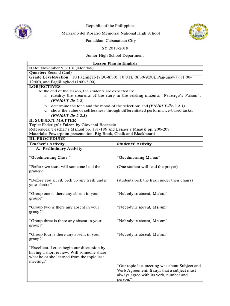 Federigo's Falcon Detailed Lesson Plan PDF The Decameron
