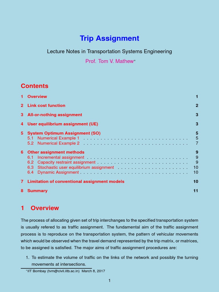 Trip Assignment Lecture Notes in Transportation Systems Engineering