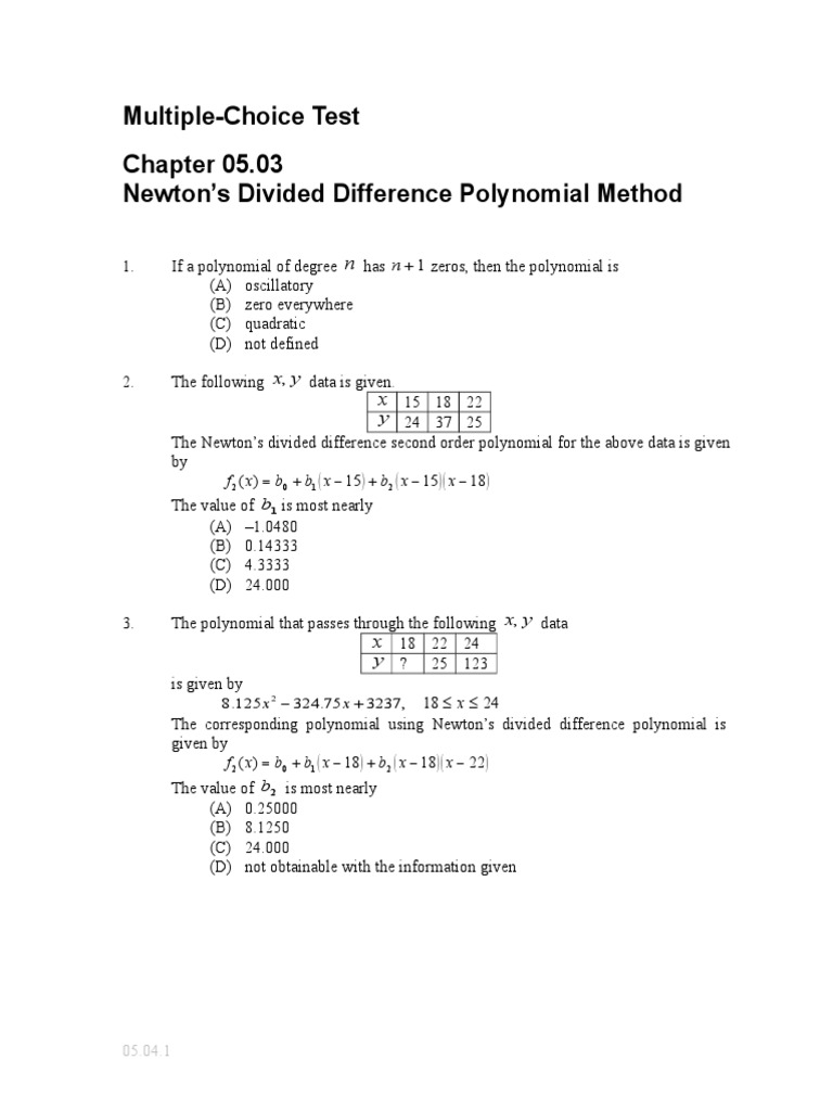 Multiple-Choice Test Newton's Divided Difference Polynomial Method ...