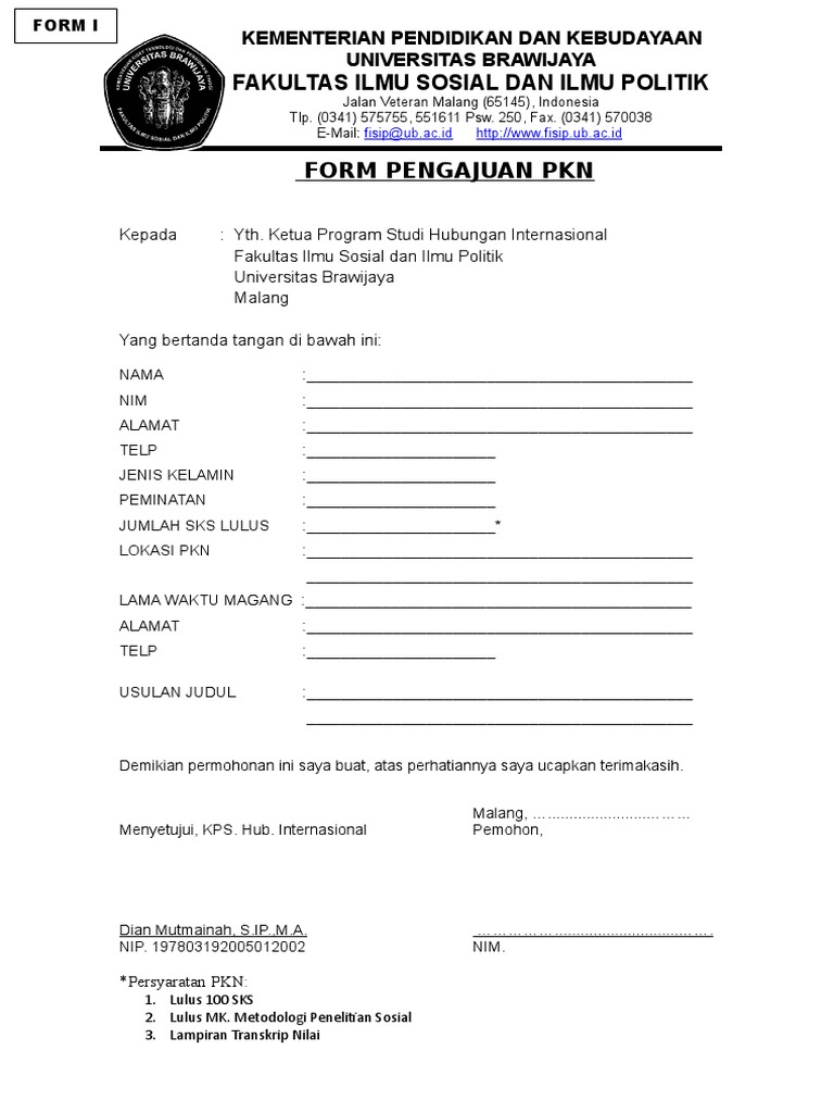 Formulir Pengajuan PKN FISIP UB | PDF | Karier & Perkembangan