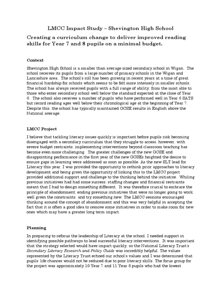 LMCC Impact Study - Lindsay Johnson | PDF | Literacy | Reading (Process)