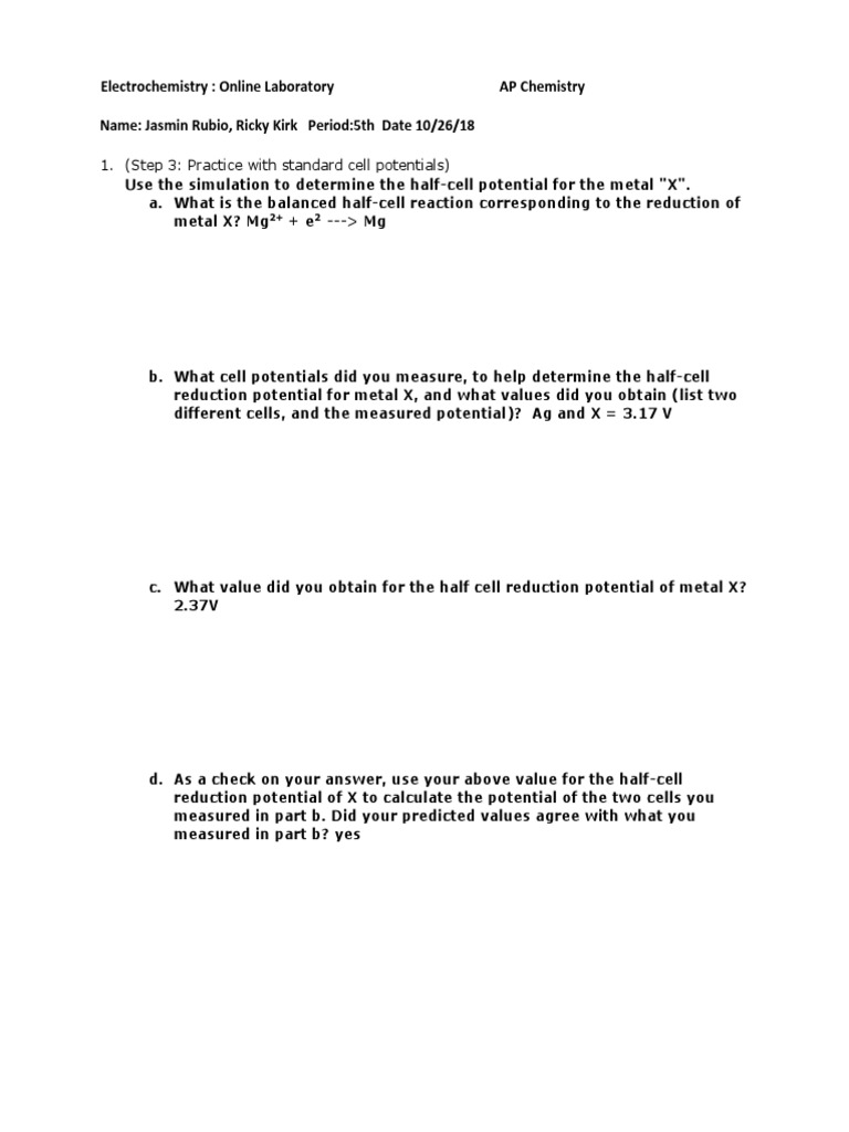 Electrochemistry Lab Worksheet PDF