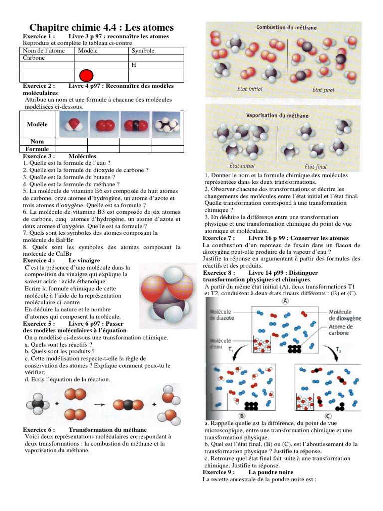 Atomes Et Molécules 4ème Exercices En Ligne Exercices Atomes Et Molecule 2AC | PDF | Oxygène | Molécules