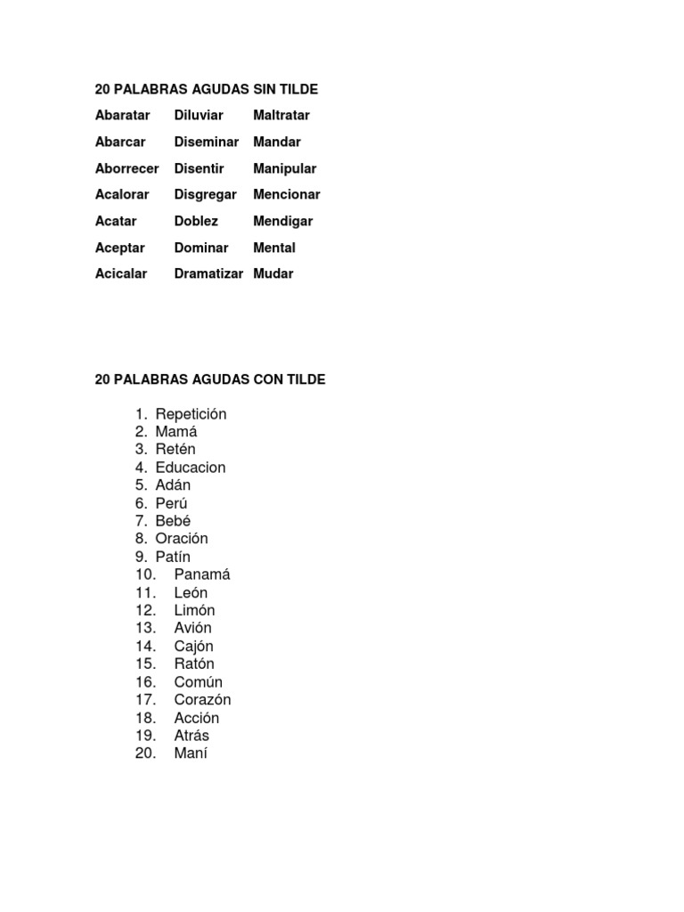 20 Palabras Agudas Sin Tilde Idiomas Familia Prueba
