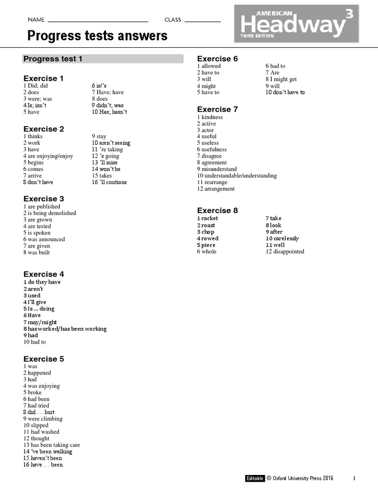 AHW3e - Level 03 - Progress Test Answer Key | PDF