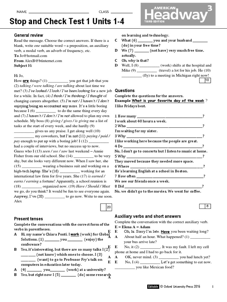 AHW3e - Level 03 - Stop and Check Test 1 | PDF | Verb | Linguistics