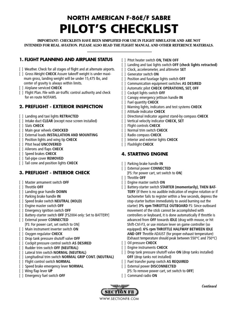 F86E&F Pilot's Checklist PDF Aircraft Flight Control System Throttle
