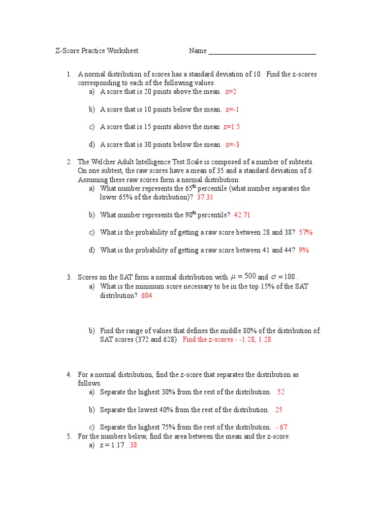 Z Score Worksheet Solutions PDF Standard Score Percentile Z Score Worksheet Solutions PDF Standard Score Percentile