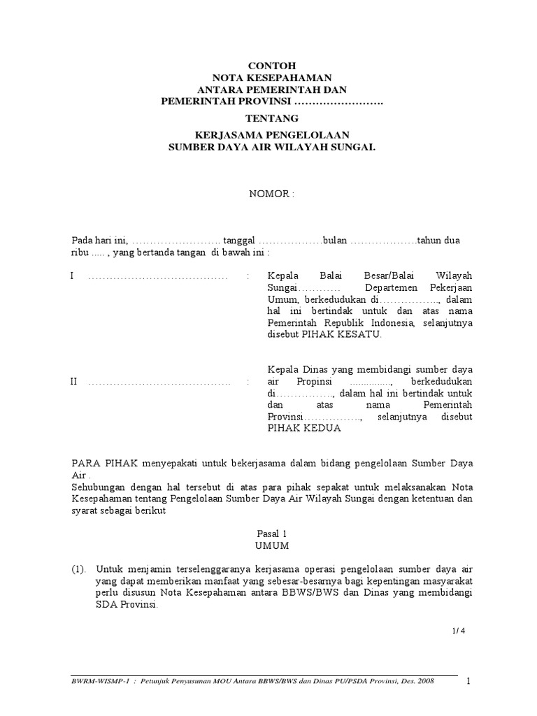Contoh Mou Kerjasama Pengelolaan Sumber Daya Air