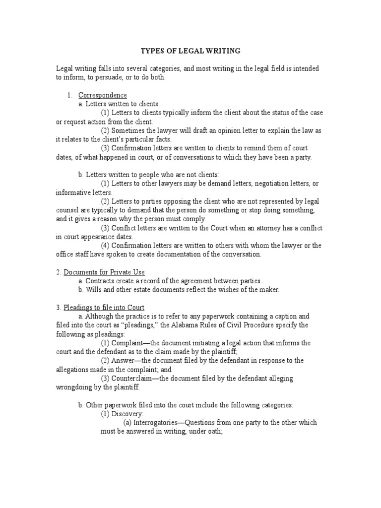 Handout Types of Legal Writing PDF Pleading Lawyer
