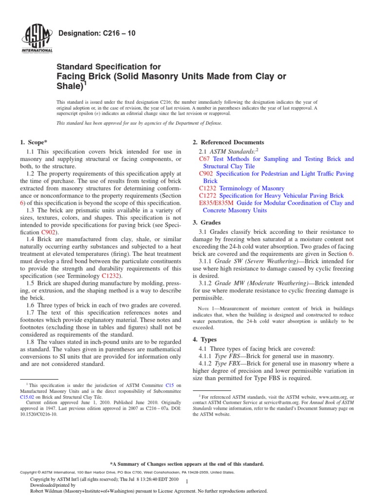 Astm C216-10 (Bricks) PDF | PDF | Brick | Engineering Tolerance