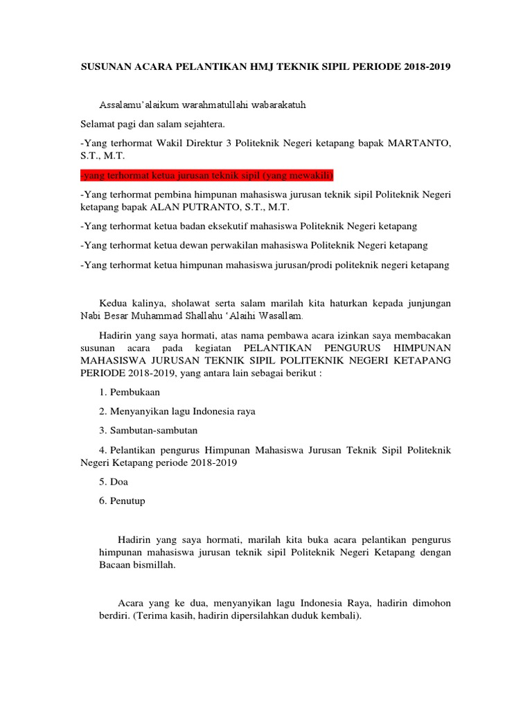 Susunan Acara Pelantikan Hmj Teknik Sipil Periode