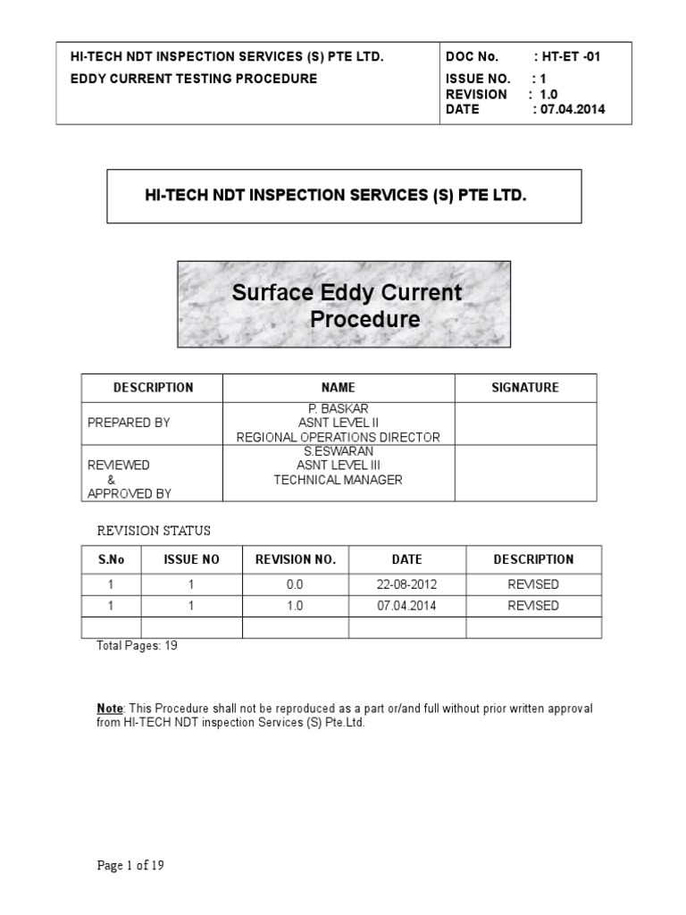 Eddy Current Procedure PDF Nondestructive Testing Calibration