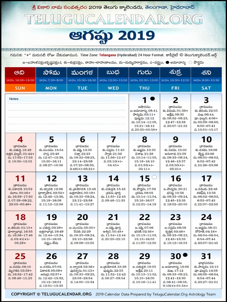 Telangana Telugu Calendar 2019 August | PDF