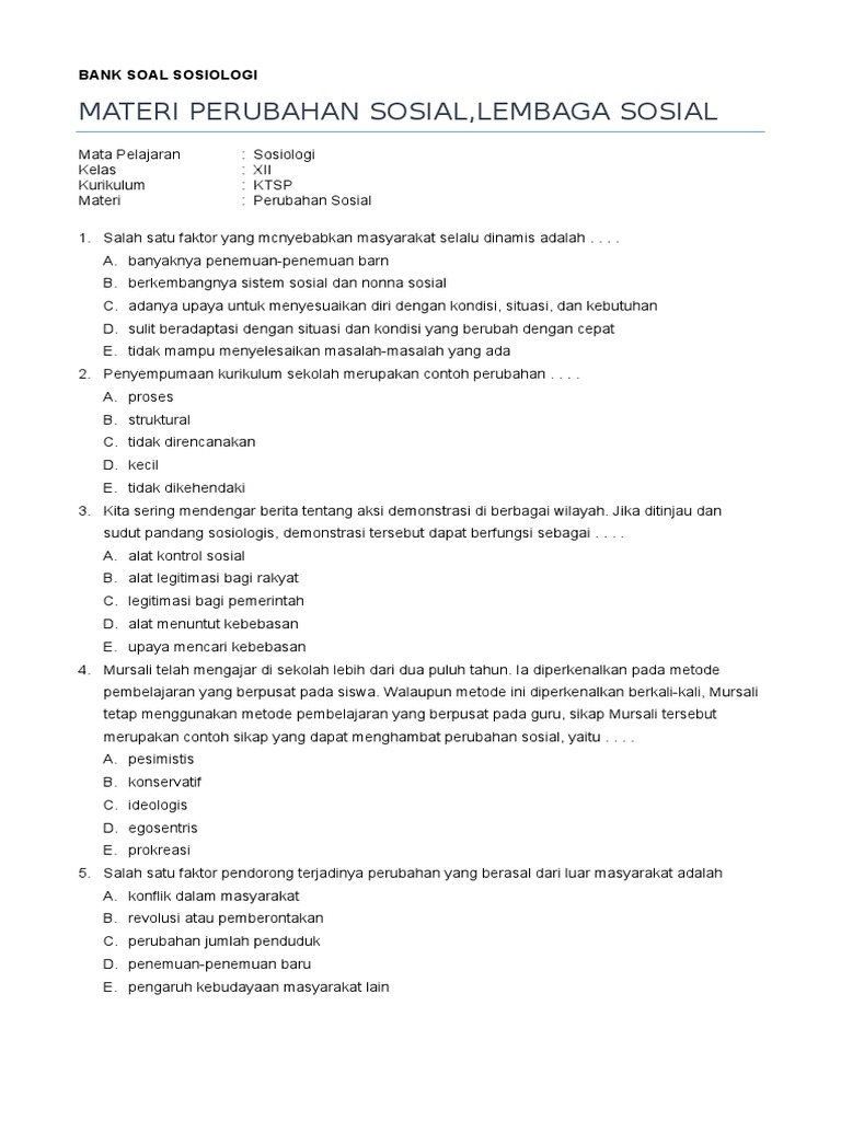 Bank Soal Sosiologi Xii Perubahan Sosial