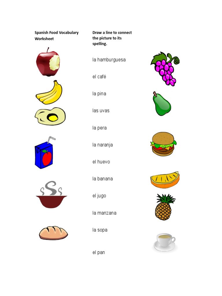 Hoja de vocabulario de comida en español | PDF
