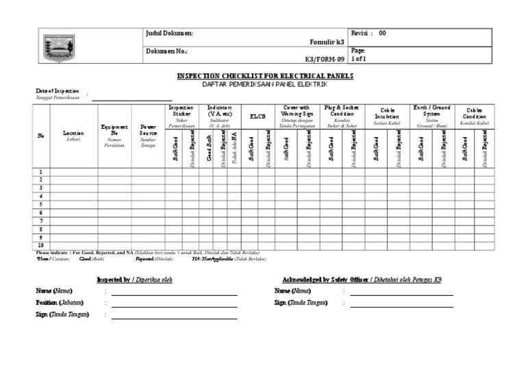 Formulir Inspeksi Checklist Panel Listrik