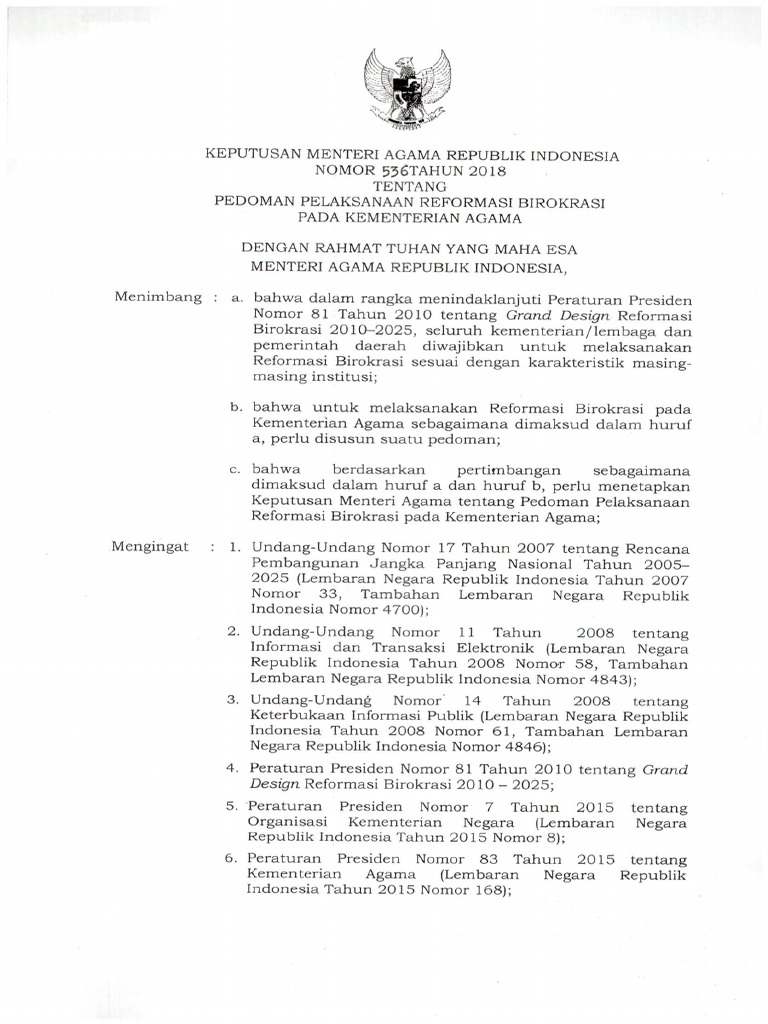 Kma No 536 Tahun 2018 TTG Pedoman Pelaksanaan RB PDF | PDF