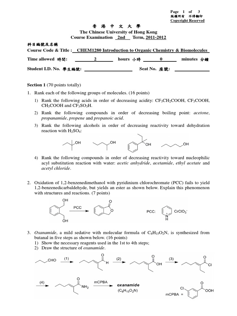 Chem1280 2011 2012 Final Exam 1 Acid Dissociation Constant