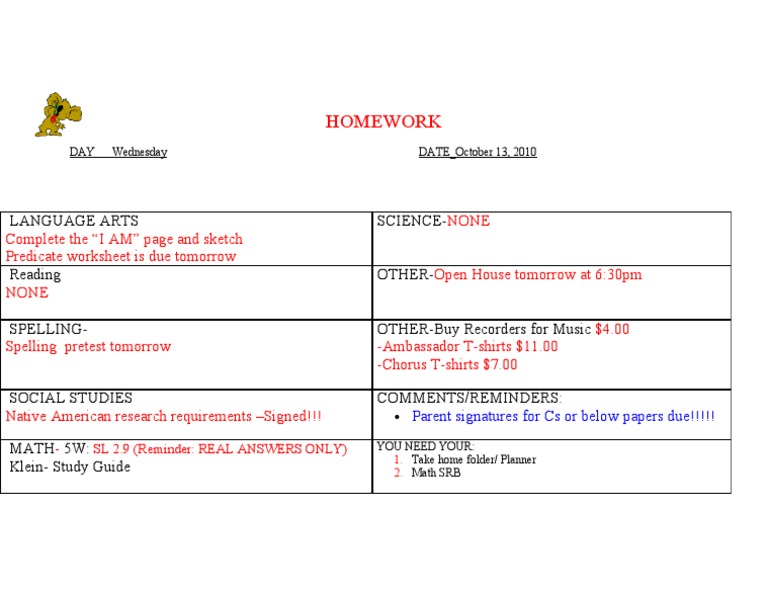 Wednesday Homework Assignments | PDF