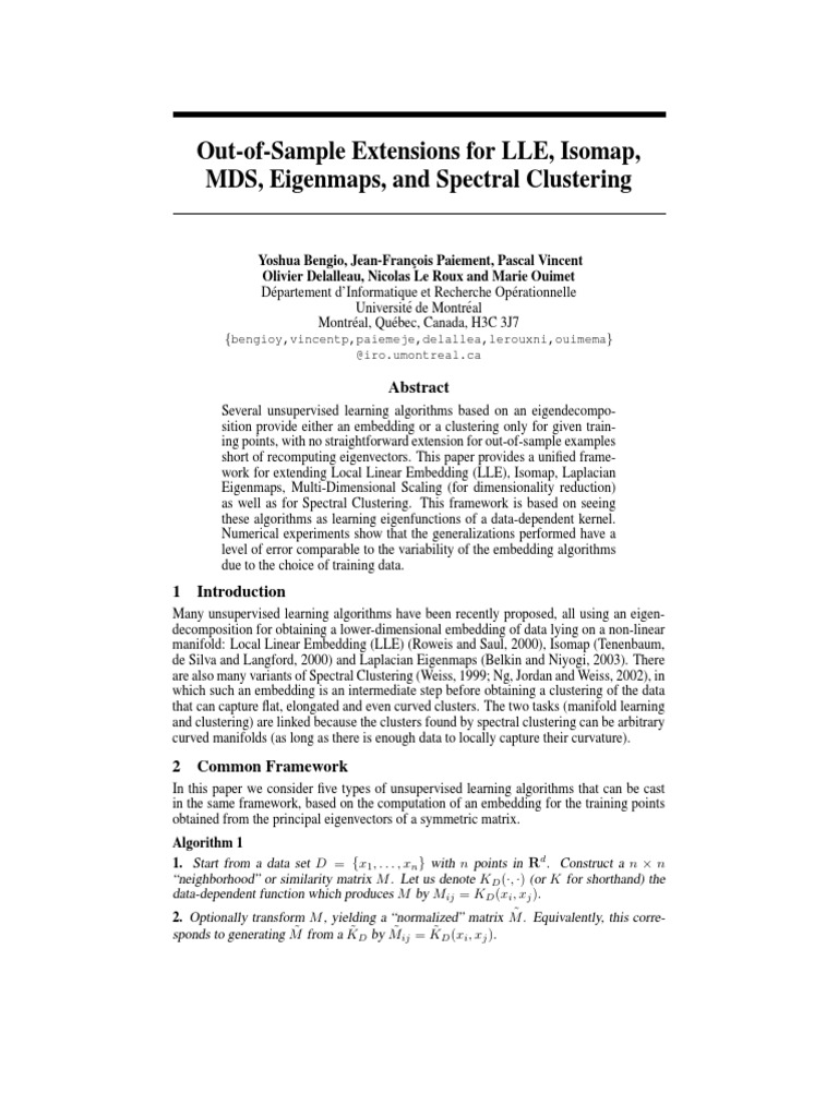2461 Out of Sample Extensions For Lle Isomap Mds Eigenmaps and Spectral ...