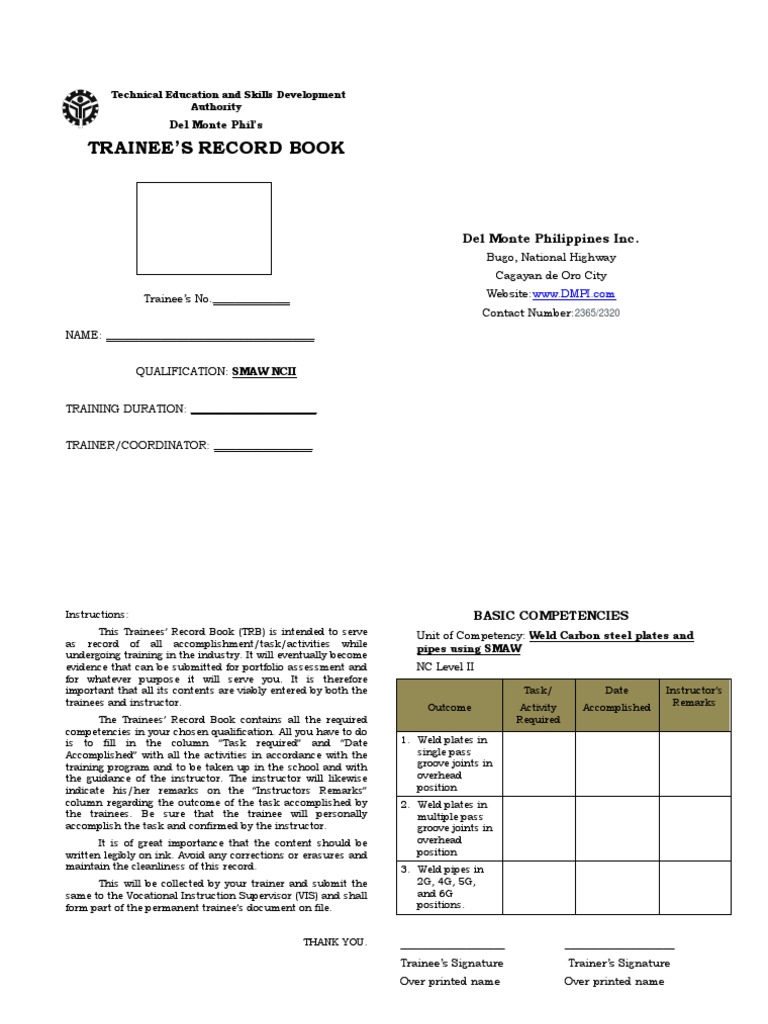 Trainee Record Book for SMAW NCII | PDF | Welding | Construction