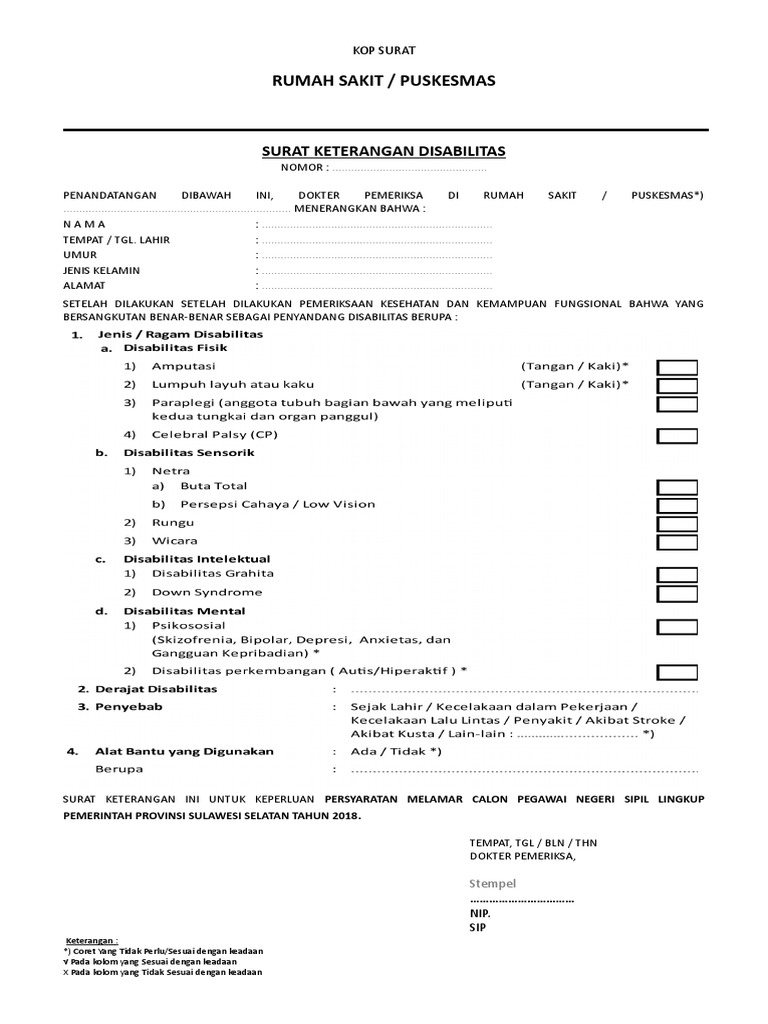 4 Format Surat Keterangan Disabilitas 2018
