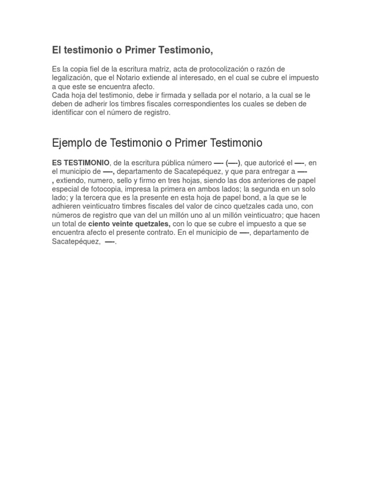 Ejemplo de Primer Testimonio Notarial | PDF