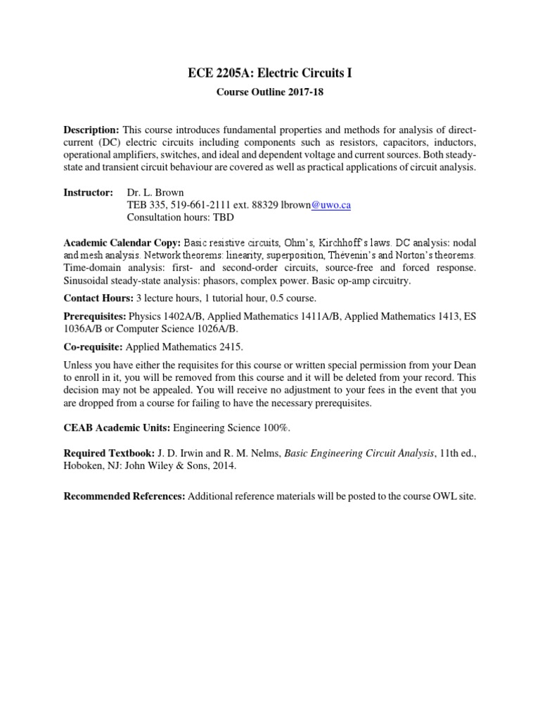 ECE 2205A Course Outline 2017-18 | PDF | Network Analysis (Electrical ...
