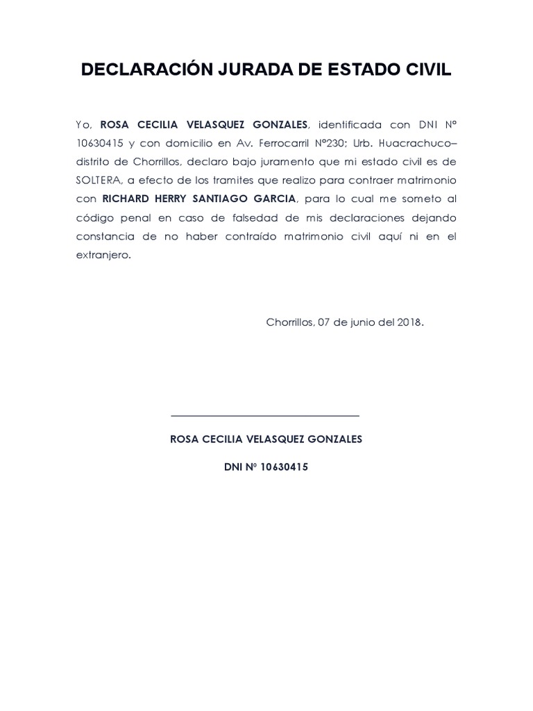 Declaraci n Jurada Estado Civil Soltero PDF Matrimonio Sindicatos 