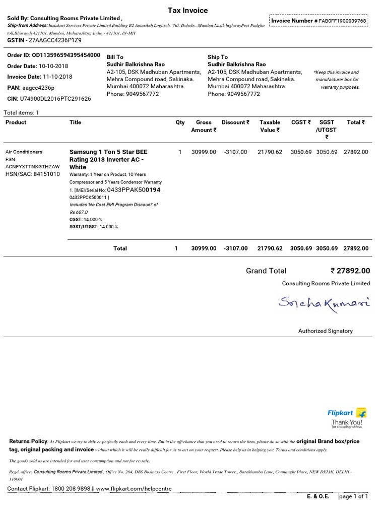 Flipkart AC Bill PDF Invoice Government Finances