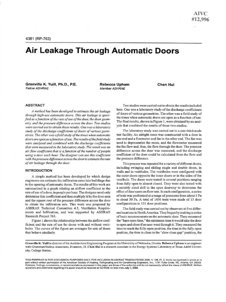 Air Leakage Through Automatic Doors PDF Door Correlation And