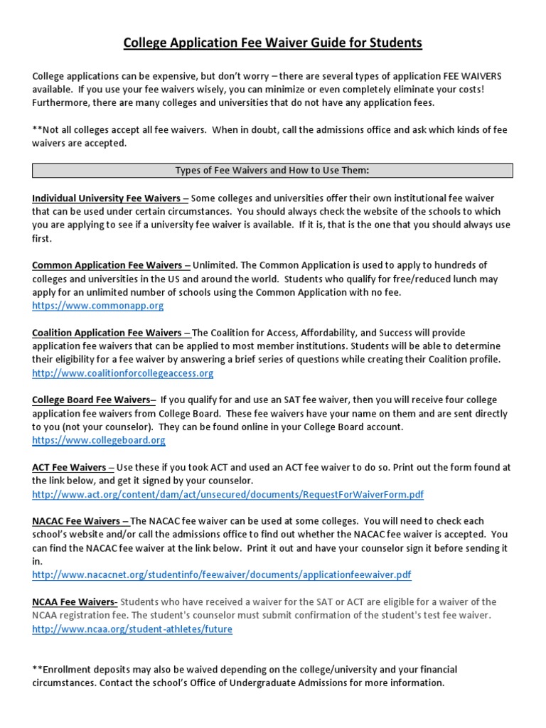 College Application Fee Waiver Guide PDF Act (Test) Fee
