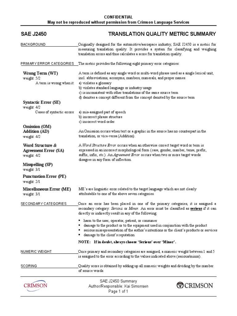 SAE J2450 Summary | PDF | Morphology (Linguistics) | Error
