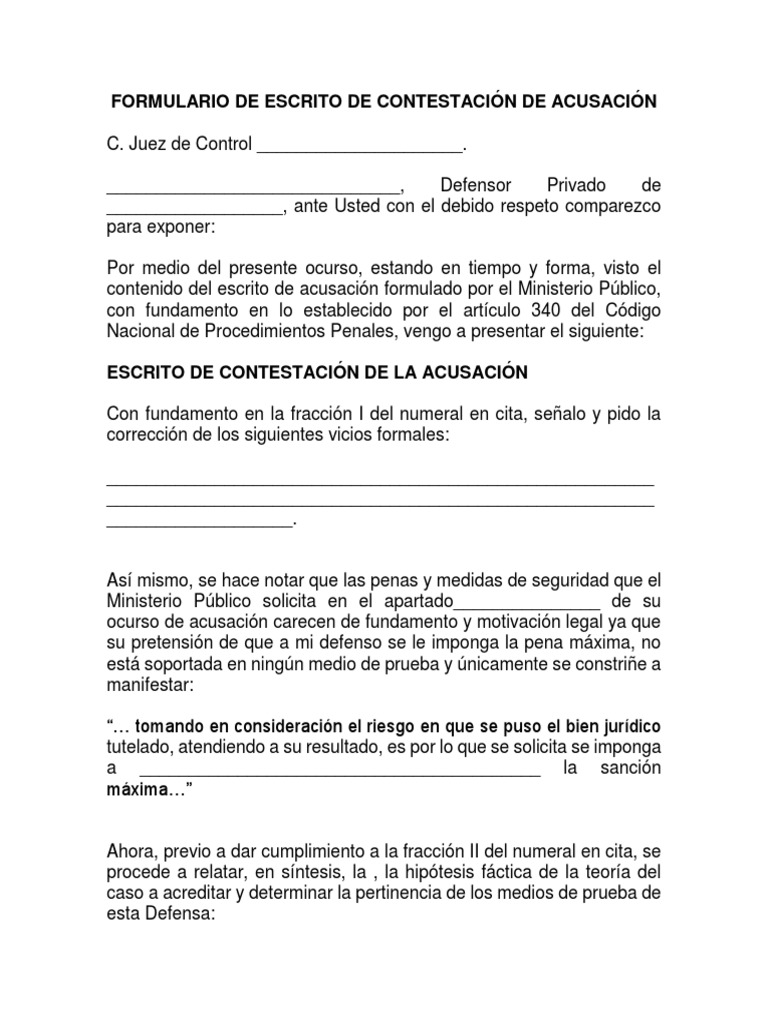 Escrito de contestación de acusación penal ejemplo