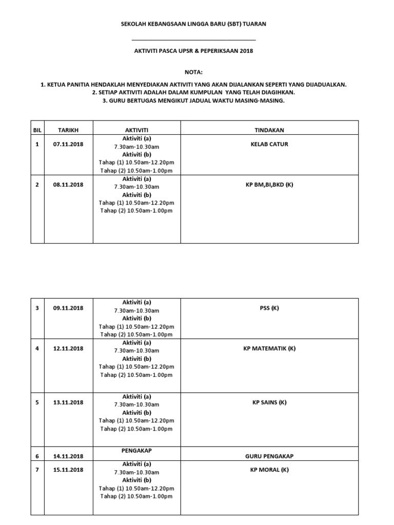 Contoh Jadual Aktiviti Pasca Upsr