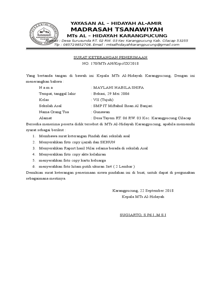 Contoh Surat Rekomendasi Menerima Guru Pindahan ID.Lif.co.id