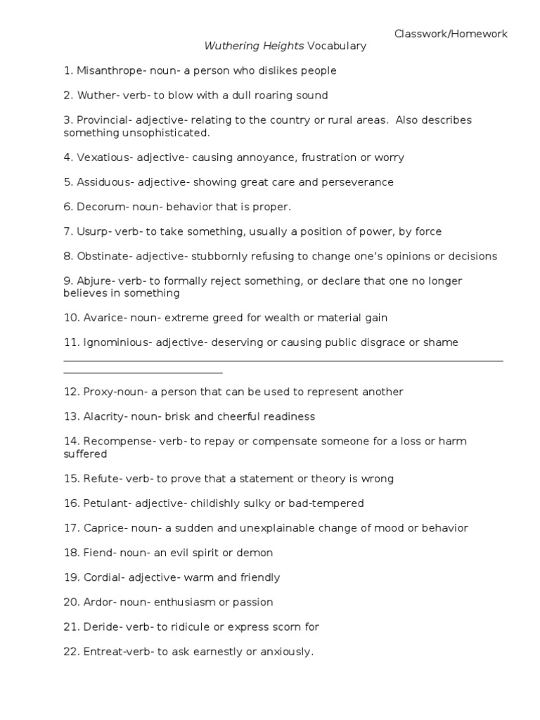 Wuthering Heights Vocabulary List | PDF