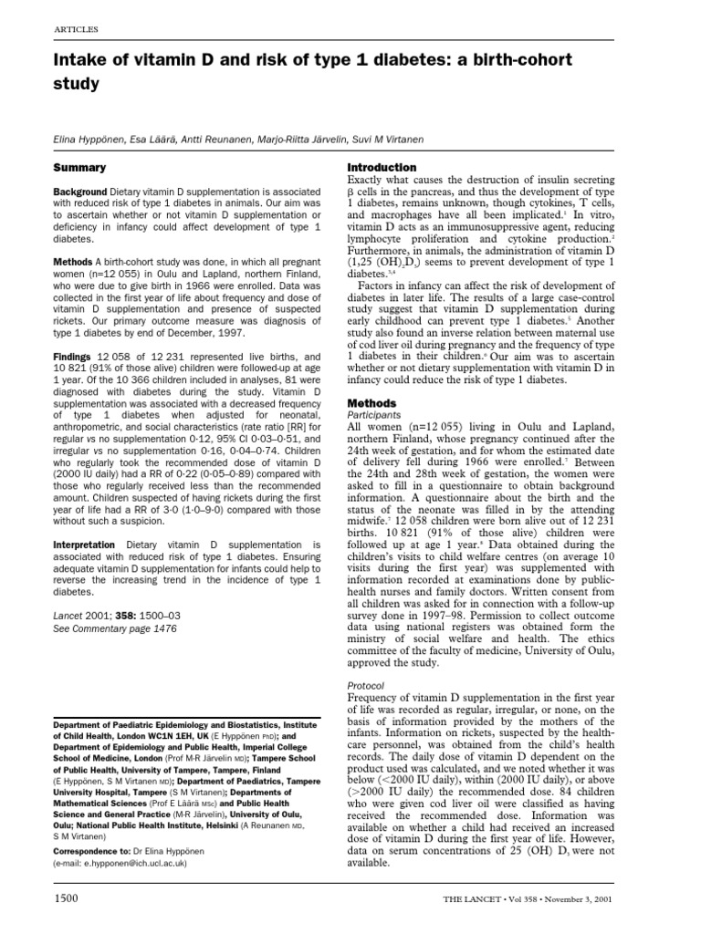 Intake of Vitamin D and Risk of Type 1 Diabetes - A Birth-Cohort Study ...