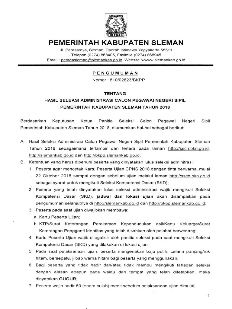 Pengumuman Seleksi Adm Cpns Sleman 2018