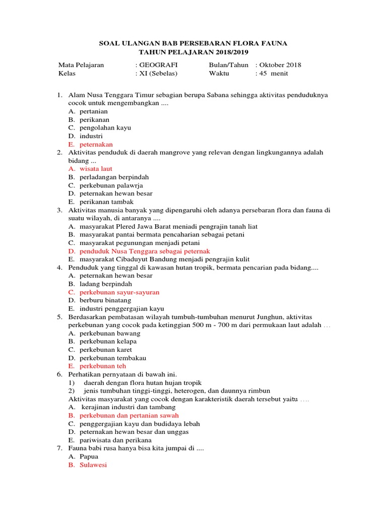 Soal Ulangan Bab Persebaran Flora Fauna